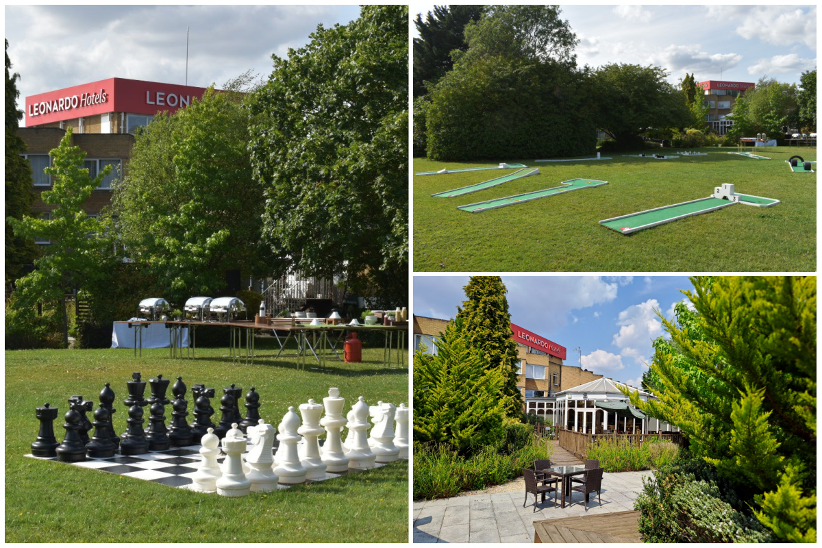 Leonardo Hotel Cheltenham with outdoor team building activities on the lawn.